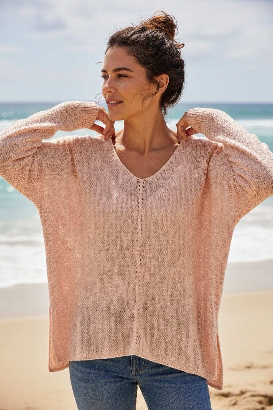 Ces Femme Pastel Pink Knit Pullover Sweater V-Neck Women’s Long Sleeve Size M